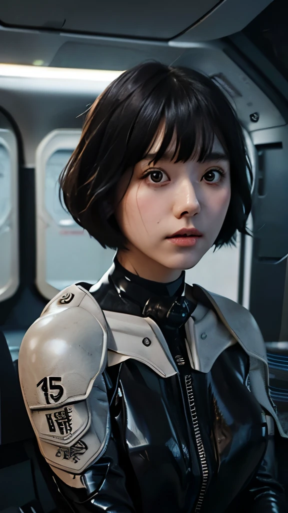 A short straight silky haired japan girl, bang, bob cut, dark eyes, 15 years old, young, pale skin, frightened, insecure expression, Ultra high res, uhd, (photorealistic:1.4), doll-like face, in spaceship, wearing futuristic spacesuit, carrying futuristic laser gun, sweaty