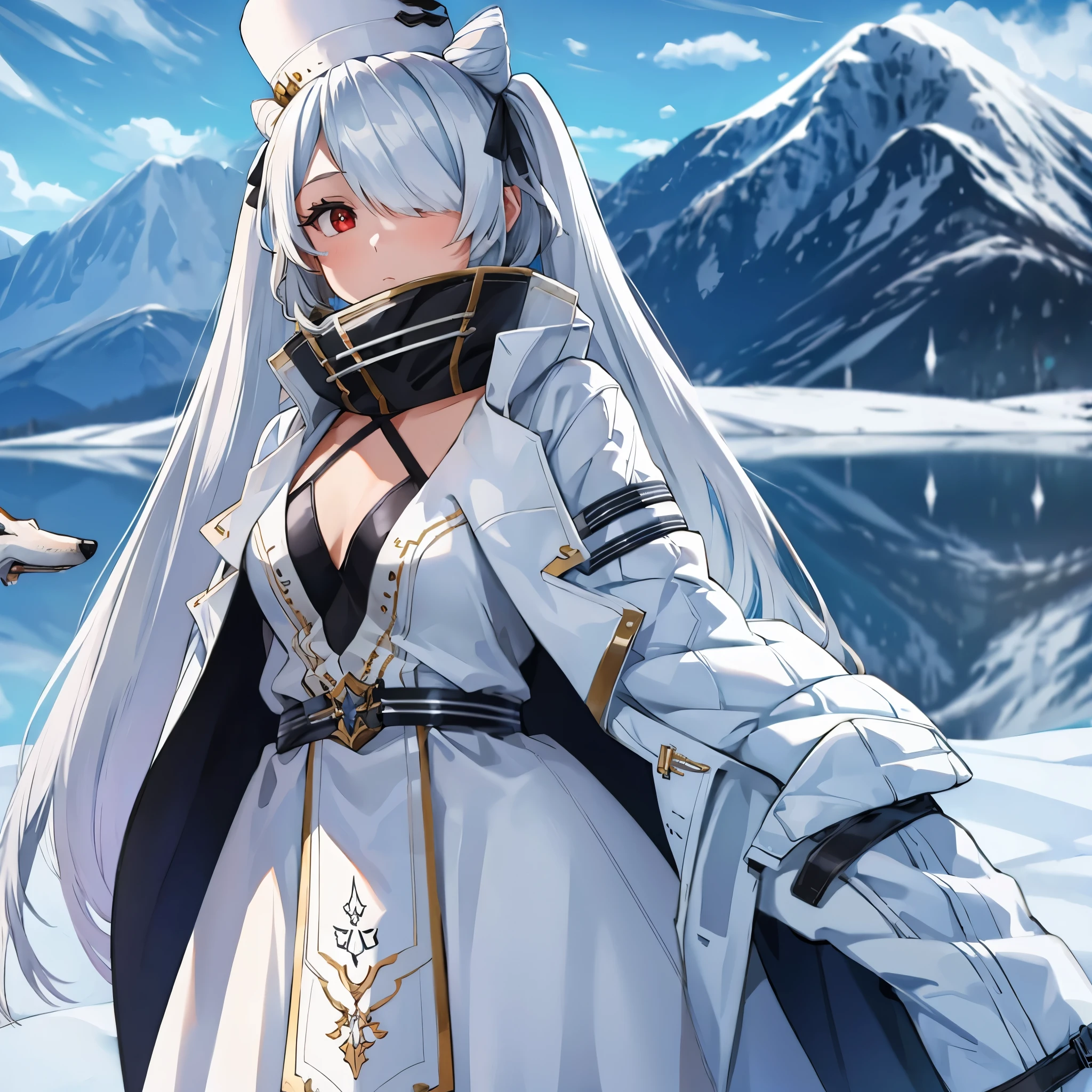 A girl wearing a white cold military dress, a white cold coat, long silver hair, long pigtails, a white cold military hat, red eyes, bangs in one eye, with a gray wolf nearby, in an open area with climate cold, ice mountains in the background, during the day.(just a girl, solo)ultra resolution, very detailed, HDR, masterpiece, 8K hd
