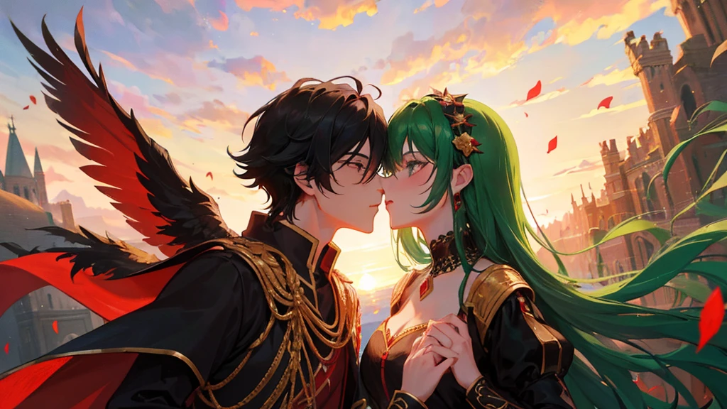 couple, boy with black hair, black and red royal clothes, majestic black wings, and girl with green hair, green royal clothes, fairy wings, kissing pose, sky, 8k resolution