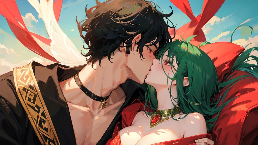 couple, boy with black hair, black and red royal clothes, majestic black wings, and girl with green hair, green royal clothes, fairy wings, kissing pose, sky, 8k resolution