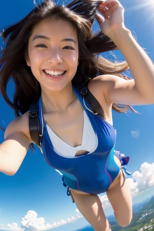 over the sky3000In the middle of skydiving at 1.5 meters、The surroundings are clear blue sky and clouds、She is a beautiful Japanese woman with long hair and looks very cute and happy.、Sensual style、She is wearing a very sexy micro bikini swimsuit.、She is looking at the camera、The camera follows her from above.