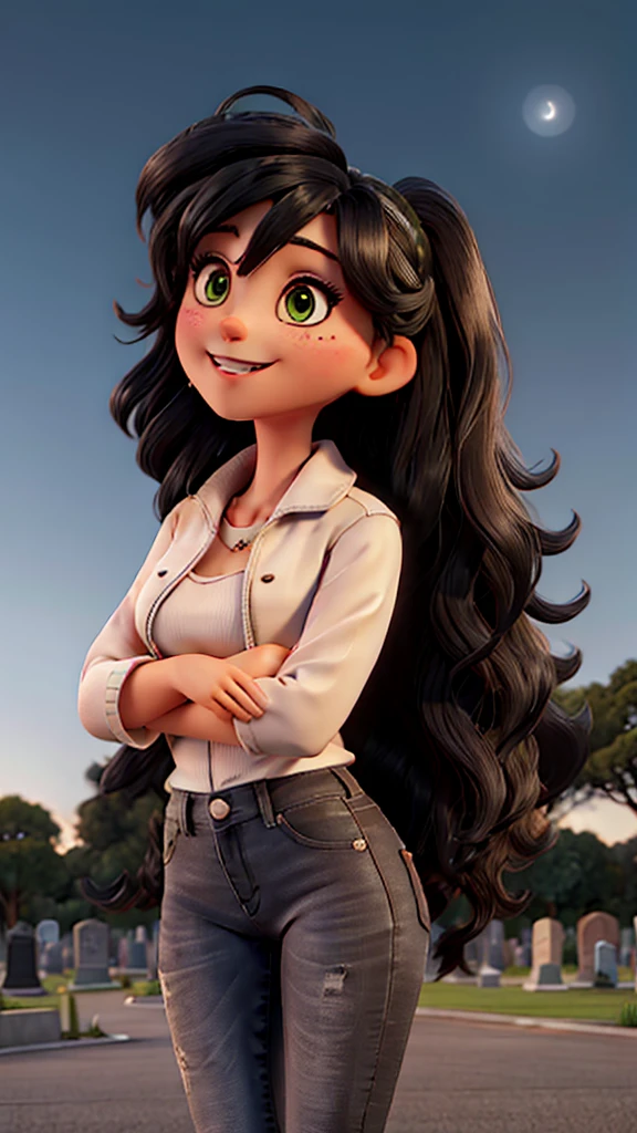 Woman, white skin, green eyes, black hair, wavy hair, straight hair, bangs, long hair, hair in the wind, cemetery at night, tight jeans, black boots, very low-cut blouse, white blouse, open jacket, red jacket, horror , great cleavage, smiling, looking at camera, red lips, athletic, bats in the sky, scary atmosphere, frontal shot. Alison Brie.