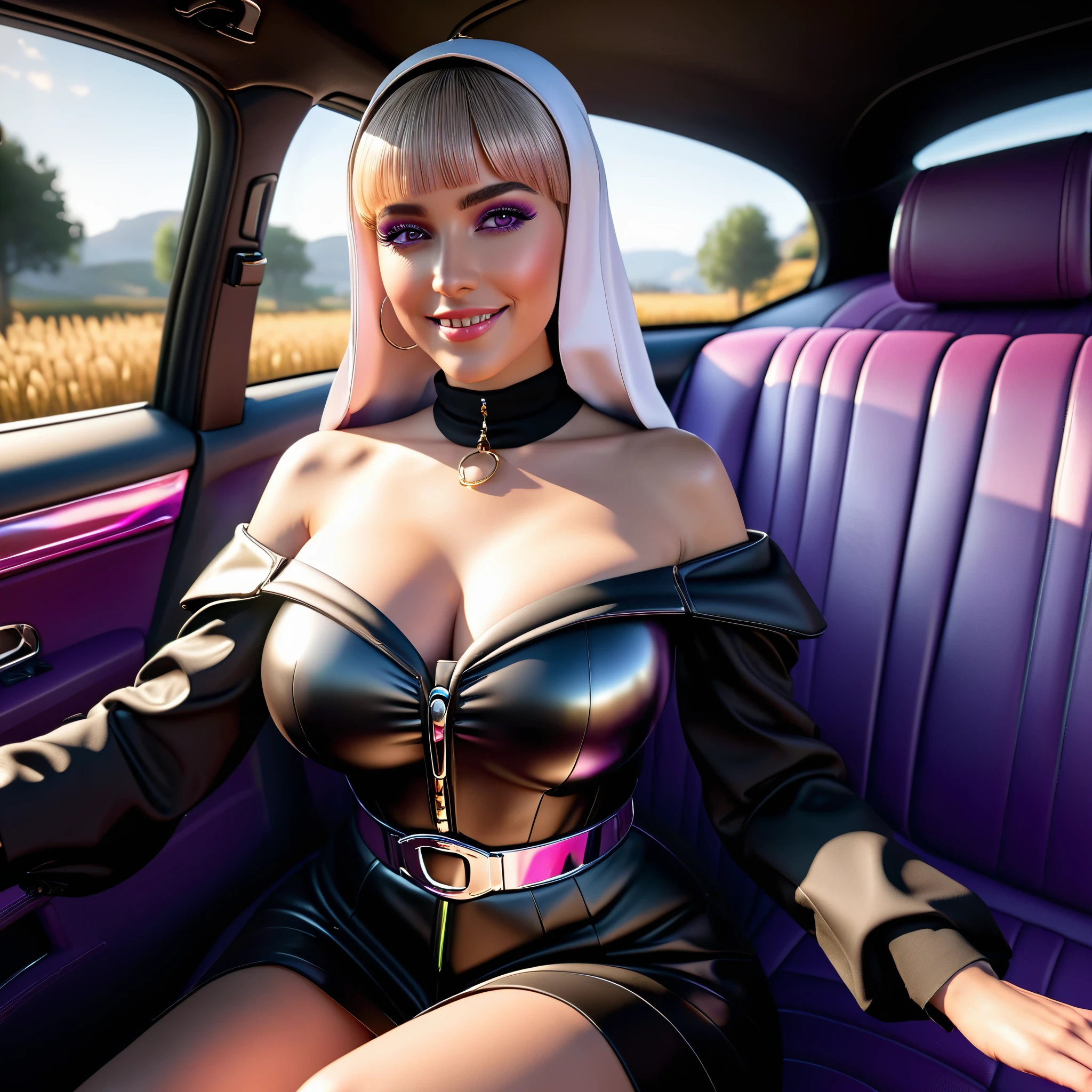 1Nun sitting in a car, young girl bangs tourmaline frange kunzite, nsfw pink blush kind smile jewelry, looking at viewer, car interior, solo, purple eyes, steering wheel, white and black shirt, off shoulder, black jacket, sleeves wrist scrunchie, (sitting on passenger seat), (Nun stylish outfit), ultra_high-details, ultra_high-quality, ultra_high-definition, ultra_high-resolution, UnrealEngine5 ultra Cinematic_sunLight, Epic tmasterpiece, dynamic composition, ultra-professional photorealistic, ultra-detailed, large breasts, BREAK holding a coffee cup, BREAK (car indoors:1.2 deep path equirectangular) passenger seat (seatbelt:1.2), glass, "Heavy Metal" chrome, extremely detailed, reflection, reveal transparent, varies multi etc. --v6 --s1000 --c20 --q5 --chaos100