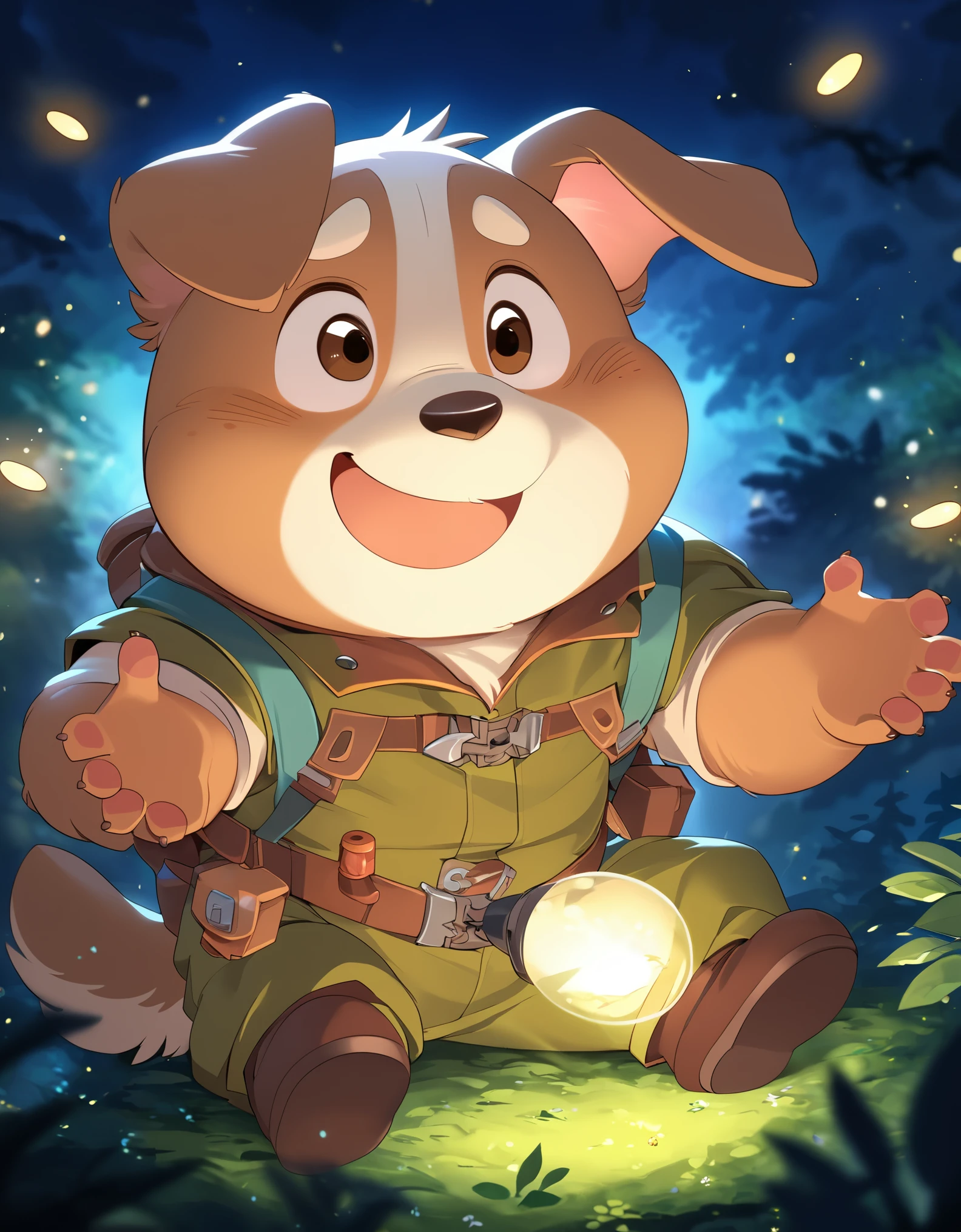 anthro, kemono, male, solo, ((round face, very plump face, thick beard)), ((endomorph body type, old-aged)), ((adventure costume:1.5)), ((domestic dog, dog) fluffy fur, fluffy), (at magical forest), (nighttime), bokeh, (holding a firefly, firefly on his hands), surrounded by fireflies, particle lighting, detailed background, (high quality, highres, masterpiece), (dynamic lighting, vivid color), (happy, joyful, suprised face, lift-eyebrow), wholesome scene, (dynamic pose), (close up persective), cartoon, (animaginexl:1.3), (chibi:1.2), cartoonish character design