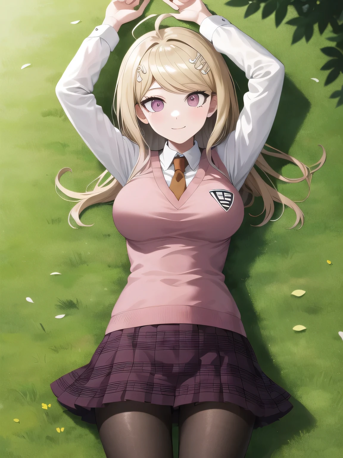 masterpiece, best quality, highres, aakaede, long hair, ahoge, hair ornament, breasts, , necktie, pink vest, sweater vest, collared shirt, long sleeves, pleated skirt, purple skirt, print skirt, pantyhose, closed mouth, solo, spread arms, arms up, smile, lying, on back, on grass, looking at viewer, solo, in the center, (cowboy shot: 1.3), high quality,