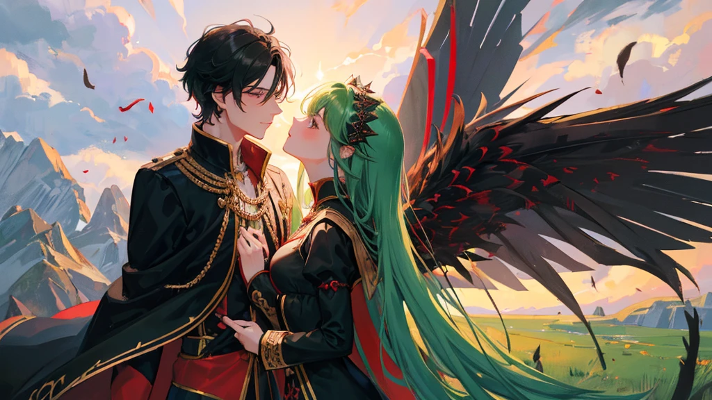 couple, boy with black hair, black and red royal clothes, majestic black wings, and girl with green hair, green royal clothes, fairy wings, kissing pose, sky, 8k resolution