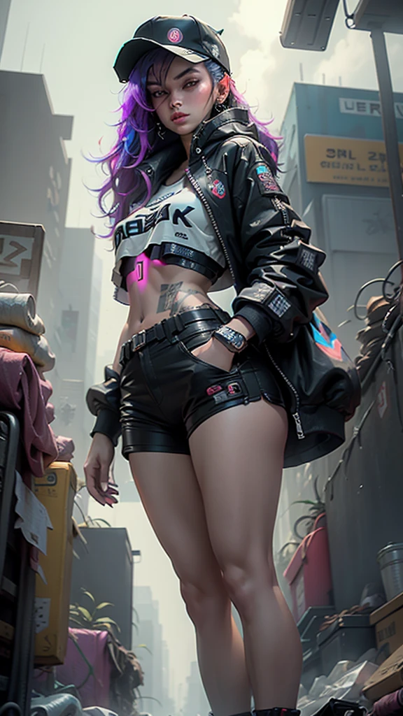 Beautiful woman with medium hair, Wear a hat, Cyberpunk style shorts
