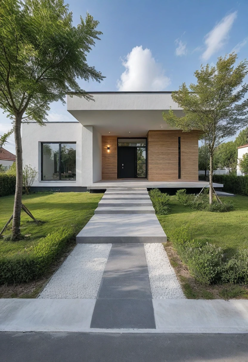 Photo brute,chef-d&#39;artwork, high quality, best quality, authentique, Great detail,
en plein air, villa de plain-piedXL, credit group, style de maison moderne dans la rue ,escaliers, route au mur blanc,pavement, herbe, des arbres, ciel, nuage, (day light:1.1)