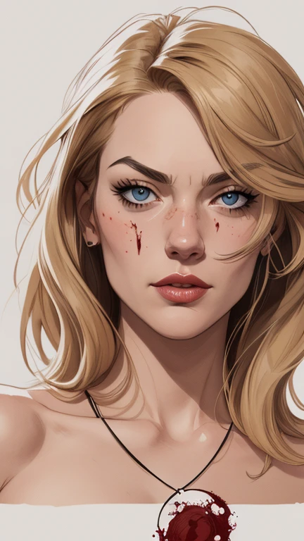 Personagem suja de sangue criminoso  Yvonne Strahovski omagem de desenho animado de uma mulher .cartoon style illustration, estilo de arte dos desenhos animados, estilo de arte dos desenhos animados,  dirty with criminal blood Digital illustration style, design de personagens altamente detalhado, arte digital detalhada fofa, City fan art, Design de personagens de retrato, beautiful digital illustration, retrato de alta qualidade, Arte em quadrinhos, mulher jovem.  expression of sexual desire white background stained with criminal blood 