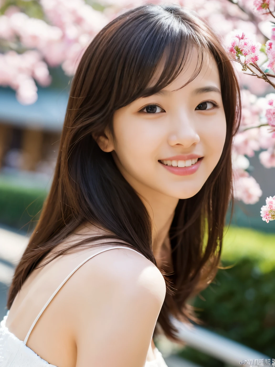 (((best image quality、highest quality、Super high quality 1.5、Super high quality 1.5、32K、muste piece、RAW photo、very clear image、very clear image quality、Photoreal 1.3、Super detailed 1.2, small details, High resolution, perfect dynamic structure, masterpiece, surreal,Highly detailed CG Unity 32K wallpaper,realistic pictures、real human being、Super detailed face、)))、The most beautiful woman working as a club hostess in Ginza、shiny brown hair、long hair、Arashiyama in Kyoto、Wearing a white dress、Enjoying the spring season、Very enchanting、she is full of confidence、Smiling at the camera、Expressing her charm to the fullest、random sexy pose 1.5、(completely facing forward、)、