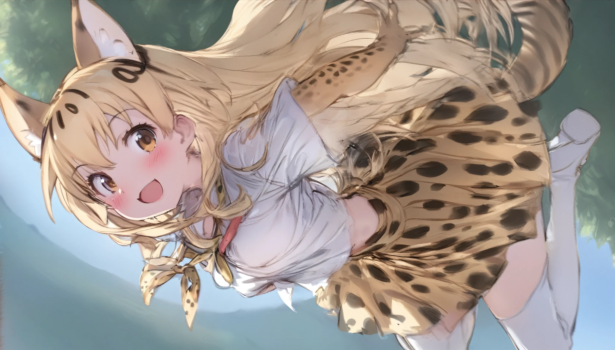  (masterpiece, best quality), serval (kemono friends), 1 girl, solo, breasts, looking at viewer, blush, smile, green eys, open mouth, very long hair,  blonde hair, multi colored hair, jumping ,bangs, skirt, grass land, trees , mountain , shirt, thighhighs, gloves, bow, animal ears, large breasts ,bare shoulders,  tail, full body, white shirt, :d, boots, sleeveless, elbow gloves, bowtie, armpits, sketch, sleeveless shirt, white footwear,  white bow, extra ears, high-waist skirt, white bowtie, serval print, print skirt, print bow, print gloves, striped tail, print bowtie, two-tone bowtie,((( open front of the shirt chest very wide)))
