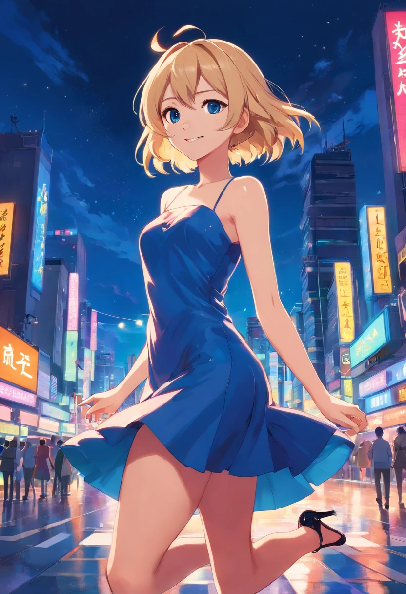 Mujer,rubia,,yepelo-corto),(ojos-azules),bailando,vestido,rojo,latex,strapless,corto, High-heels-shoes,piso-mojado,smile,noche,luces-brillantes