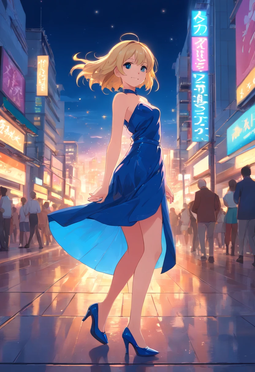 Mujer,rubia,17,years,(pelo-corto),(ojos-azules),bailando,vestido,rojo,latex,strapless,corto, High-heels-shoes,piso-mojado,smile,noche,luces-brillantes