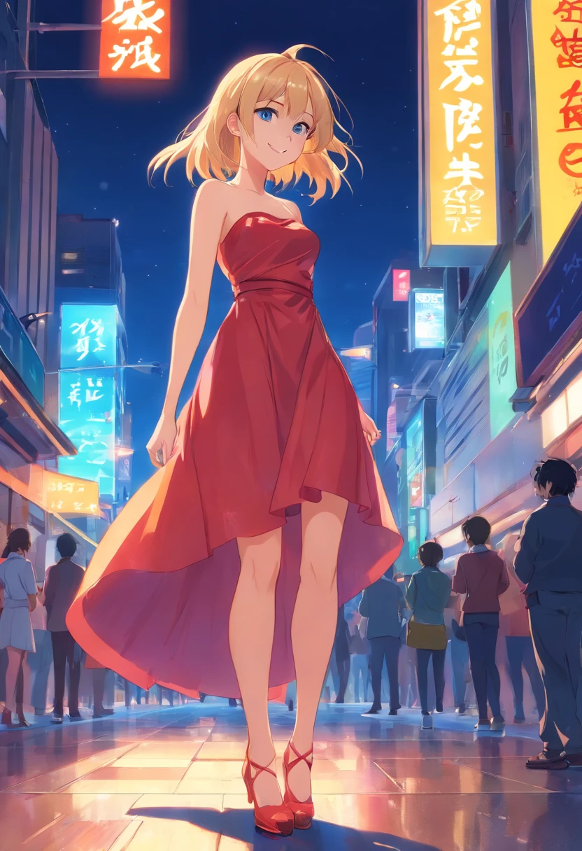 Mujer,rubia,17,years,(pelo-corto),(ojos-azules),bailando,vestido,rojo,latex,strapless,corto, High-heels-shoes,piso-mojado,smile,noche,luces-brillantes
