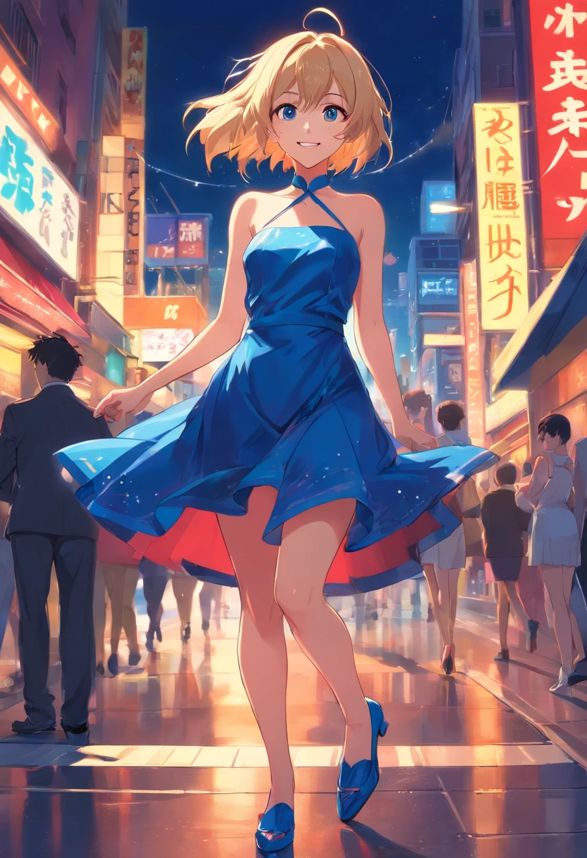 Mujer,rubia,17,years,(pelo-corto),(ojos-azules),bailando,vestido,rojo,latex,strapless,corto, High-heels-shoes,piso-mojado,smile,noche,luces-brillantes
