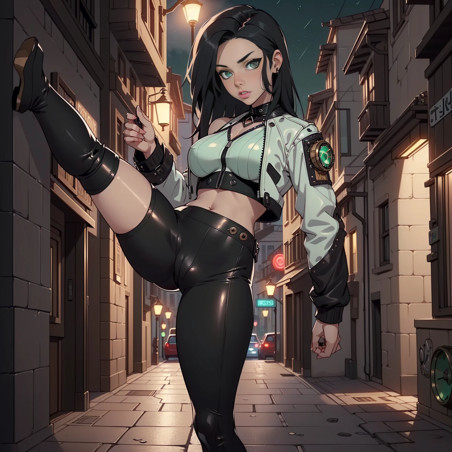 ((deep in the night, Need, 8K, tmasterpiece:1.3)),(realisticlying:1.4),RAW photogr,figure portrait,Very wide lens,closeup cleavage,(True skin texture:1.3),(filmgrain:1.3) Focalors:1.2, perfect figure beautiful woman:1.4, ((Long dark black bright hair, green eyes, big breasts:1.2 )), ((White crop top:1.4)(short black leather jacket) , cropped shoulders,black steampunk trausers, standing on your feet:1.2), ((steampunk city night scene, )), Highly detailed facial and skin texture, detailed, very tight clothes detailing all body breasts and cameltoe.