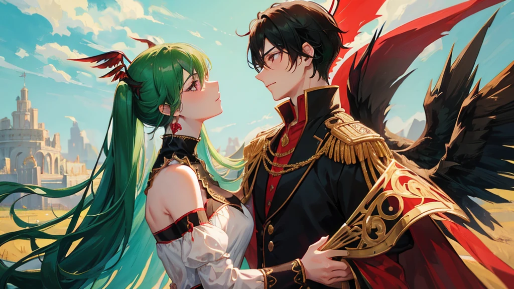 couple, boy with black hair, black and red royal clothes, majestic black wings, and girl with green hair, green royal clothes, fairy wings, kissing pose, sky, 8k resolution