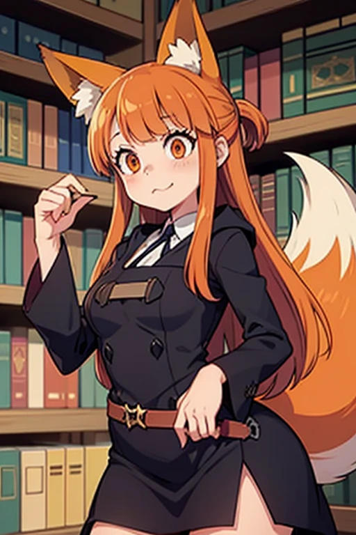 An orange haired female witch with copper eyes and hourglass figure with orange fox ears and an orange fox tail in a conservative lolita witch dress is flustered in the library