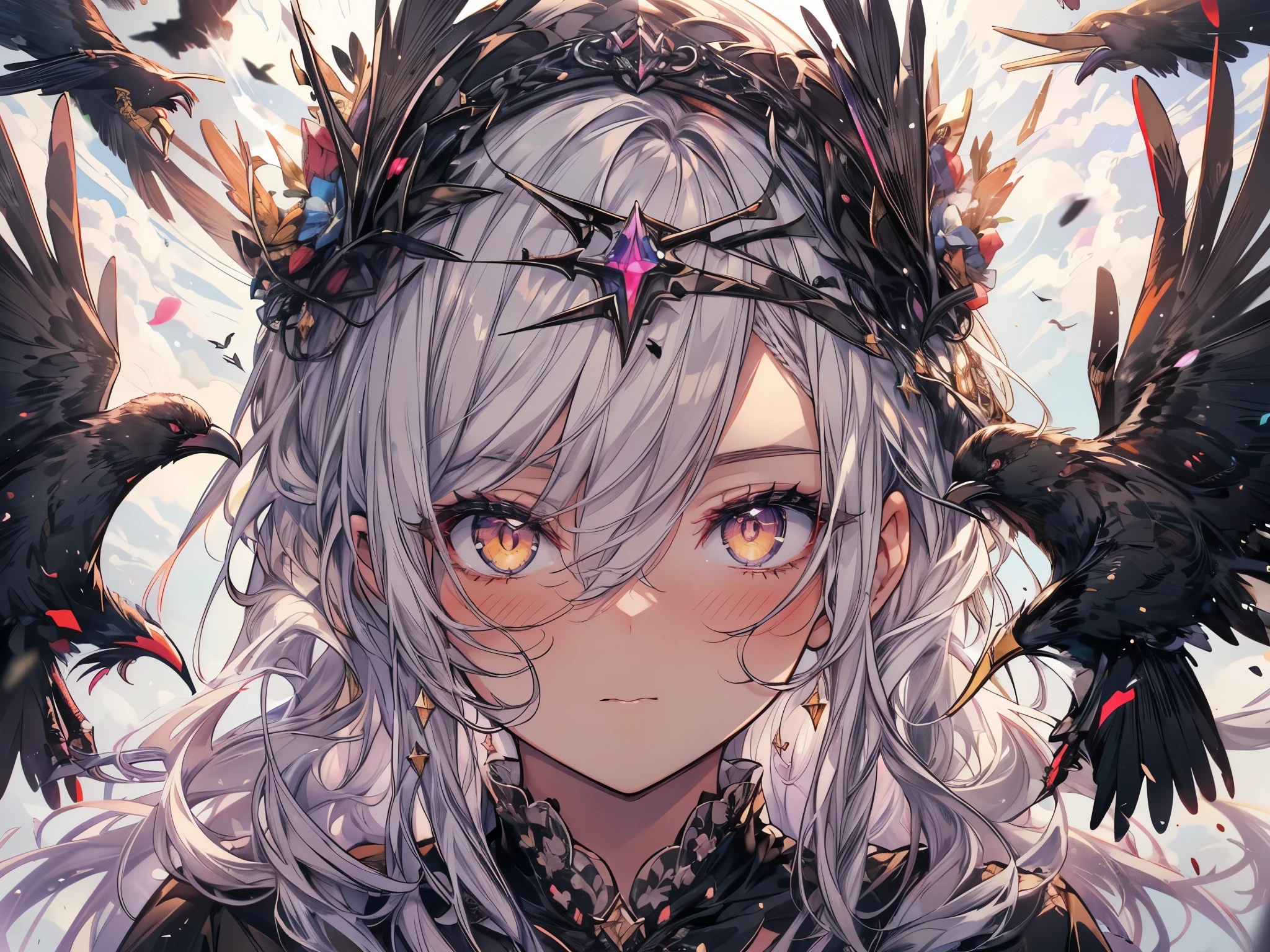 (wide-angle lens), mature woman, 1girl, CG Illustration, (masterpiece, best quality, ultra-detailed), sharp focus, detailed face, face focus, extremely detailed eyes, long hair, hair over shoulder, parted bangs, crown braid, (white hair, golden eyes:1.3), long eyelashes, (blush, soft expression, slightly parted mouth, tilted head leaning back), delicate makeup, medium breasts, ((colors of clothing: black, with black frills, transparent sleeves)), ((ravens flying around, dark sky, black clouds, black particles surrounds, shadow figures in distance, dark background, breeze)), cinematic lighting, rim lightning, ray tracing, shadowing, dynamic angle