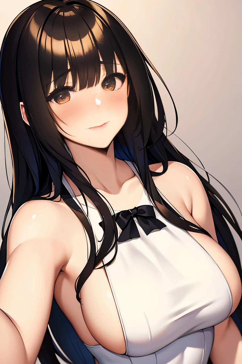 Best quality, masterpiece, 1girl, bitch_virgin, blush, long black hair, medium breasts, white dress