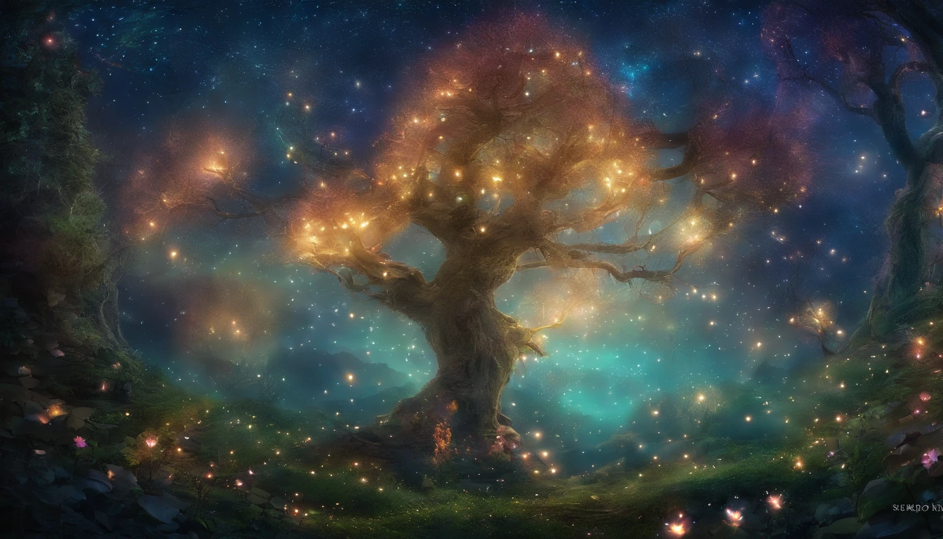 World of Dreams, Looking up at the sky from the fairy forest at midnight, Luminous Tree々, dreamlike landscape, realistic fantasy photography, , astral planes, very magical and dreamy, inspired by Michael Komarck, Magic Tree, Night under the stars, Dreamy night, magical forest with fireflies, magical fairy floating in space