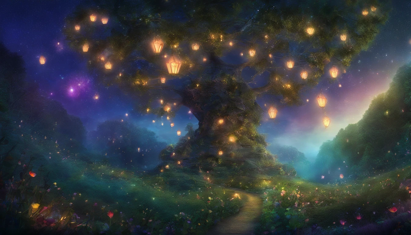 World of Dreams, Looking up at the sky from the fairy forest at midnight, Luminous Tree々, dreamlike landscape, realistic fantasy photography, , astral planes, very magical and dreamy, inspired by Michael Komarck, Magic Tree, Night under the stars, Dreamy night, magical forest with fireflies, magical fairy floating in space