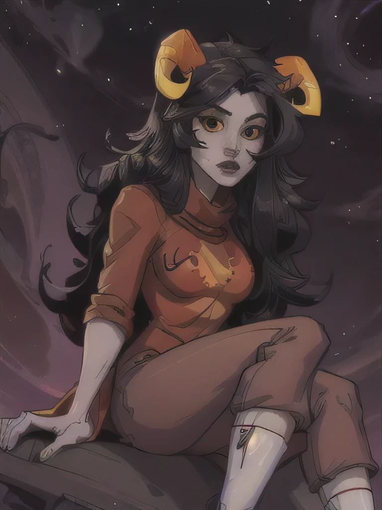 close-up portrait, godradia,  (horns), gray skin, very long hair, [[simple background]], eyeliner, mature, (black eyes), (yellow sclera), looking at viewer, stars, purple nebula, low angle, red dress, sitting, pants, white socks, shoes