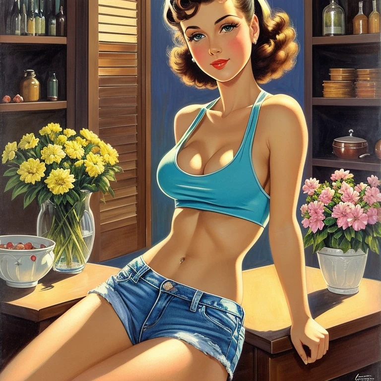 A sensual Rachel Cook, shopping at a garden center. Flowers, shrubs. (((wearing a low cut, tight fitting tank top and short, ripped denim shorts, and white running shoes))), medium breasts, cleavage, navel, toned abs. Sideboobs. (((White running shoes, no socks))). (((Bright blue eyes))). Full body portrait, pin-up painting from the '50s, in the art style of Alberto Vargas,, award-winning, masterpiece