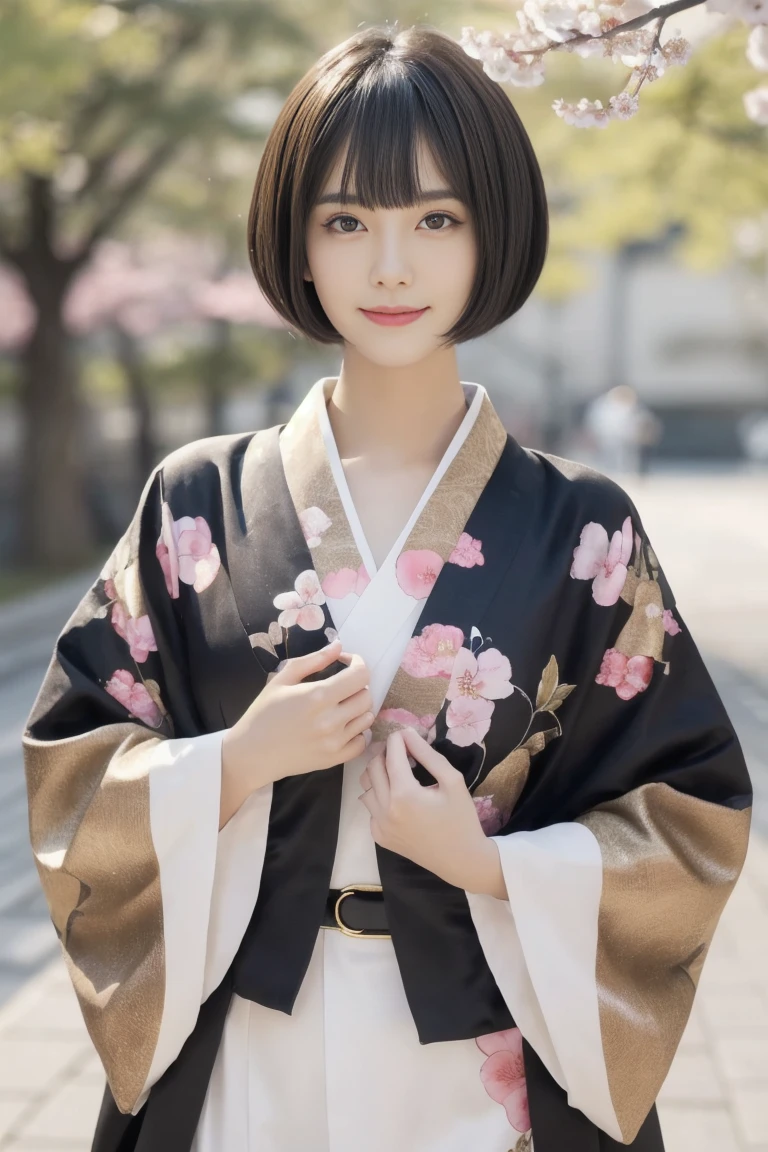 (((masterpiece, highest quality, Super detailed))), 1 female, (((very thin body))) , (((length, thin legs))), (((nice black short hair, thick and fluffy bangs ))), (((highly detailed face))), cosmetics free, small, thin nose, small thin mouth, (((Very sharp focused eyes))), Japanese, beautiful face, smile,(lifelike face), beautiful hairstyle, realistic eyes, fine and beautiful eyes, (real looking skin), beautiful skin, charm, ultra high resolution, surreal, high detail, golden ratio, (detail makeup:1.2),"Not limited to the traditional colors of kimono、Consider a design that explores new color possibilities.。for example、Modern neon and contrasting colors、Or incorporate innovative colors inspired by different cultures.、Wearing a beautiful wide obi,Please come up with a new kimono design that overturns the conventional image of kimono.。Cherry blossom garden