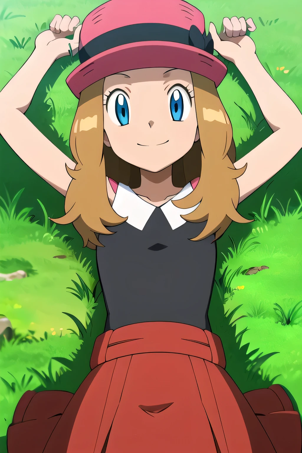masterpiece, best quality, highres, 1girl, solo, serena (pokemon), pink headwear, red skirt, black shirt, bare shoulders, looking at viewer, closed mouth, solo, spread arms, arms up, smile, lying, on back, on grass, looking at viewer, solo, in the center, (cowboy shot: 1.3), high quality,