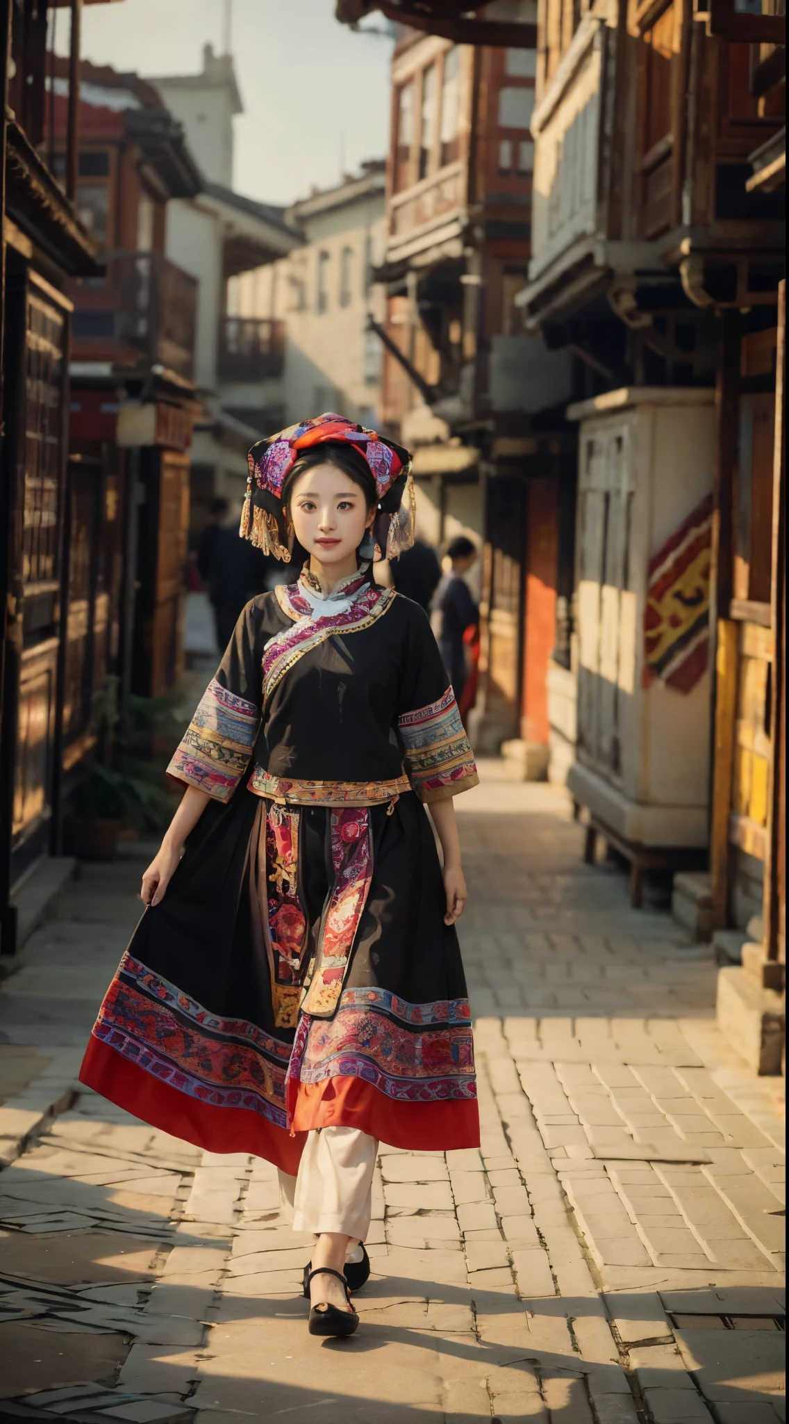 a girl,Wearing the traditional costumes of the Zhuang people,Walking towards the camera,Looking up,The front of the face faces the audience,(no buildings)