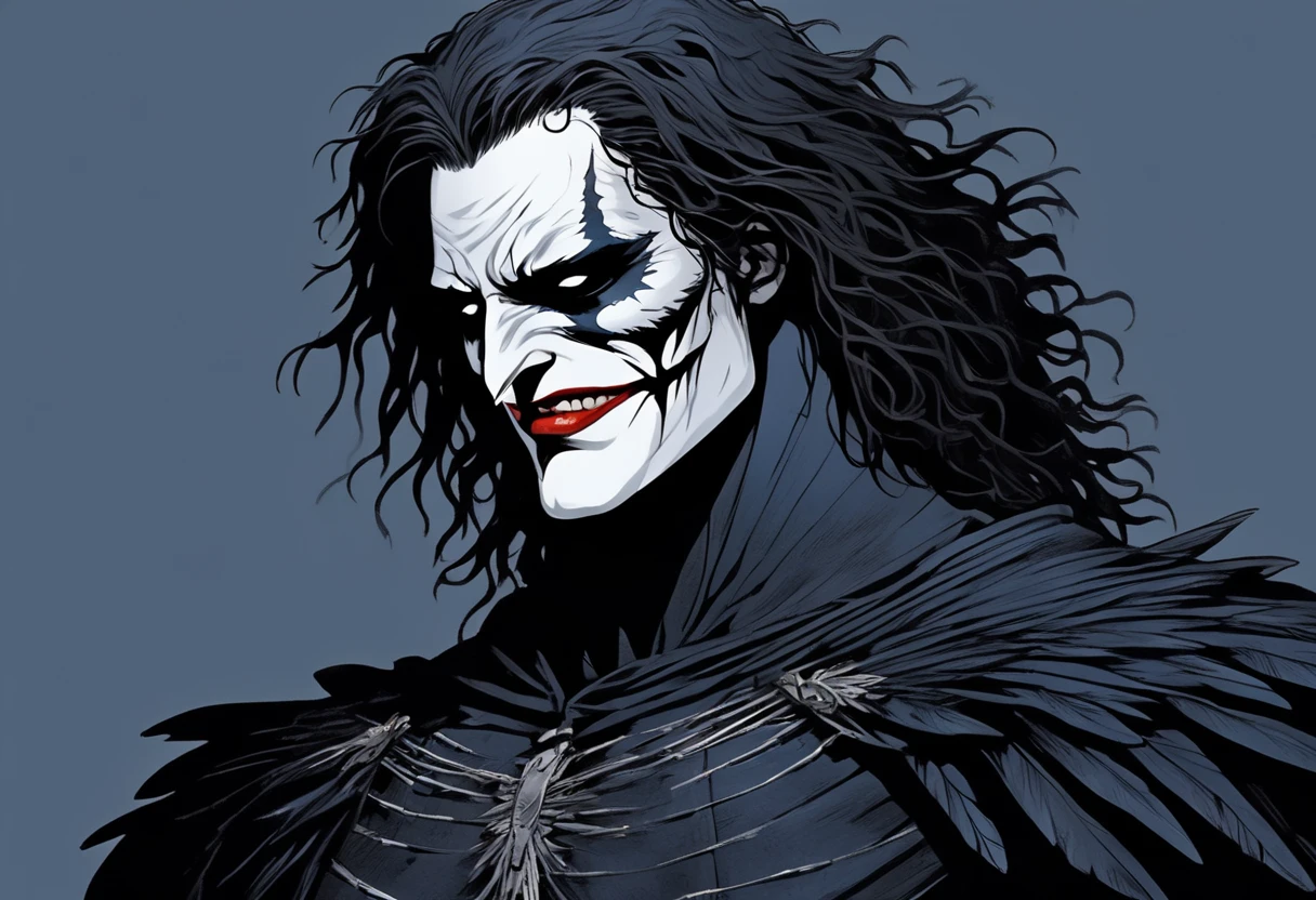 The Crow, Rawness, gothic, original, towering heights, singular, poingant, harsh ink line, cel shading, shades of dark blue to black, The Crow black fingernails and white skin with a vertical line above his eyes, and horizontal lines extending from his lips that resemble a smile. His skin around the eyes is black, and his eyes are sometimes white. This makeup style is similar to classical makeup. The comic explains that Eric paints his face in the colors of joy, which may indicate that he copied the Greek comedy masquerade mask.