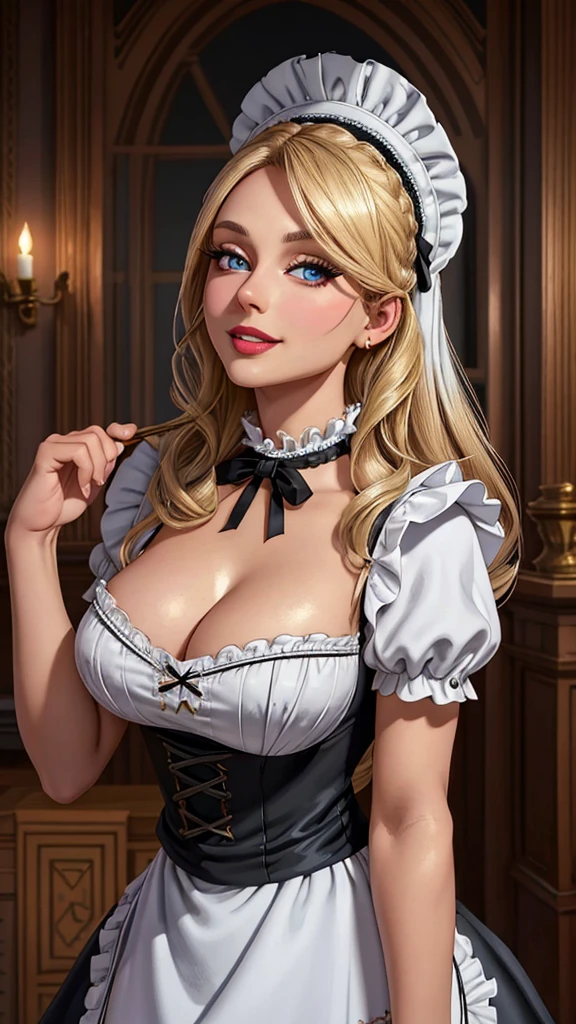 A pretty maid. best quality, masterpiece, gold blond hair, sky blue eyes, wearing a steriotypical French maid outfit, (headdress、white blouse、black ribbon、White Apron、ruffle skirt、puff sleeves、collar、choker、apron with fine ruffles：1.3)、black maid costume). looking up, upper body,hair strand,Fair skin, Large chest,. Adorable, mature Woman,detailed big-eyed woman, round face. promenent red lips. Smileing,In the mansion library, large ass, Picture from the side,looking at the scenes, intense colors, Very valuable details, complex details, volumetric lighting, digital art, 8k, trending on Artstation, Clear focus, complex details, highly detail, Greg Rutkowski Big Eyes, high-resolution, flaxen-gold-hair. Laura Vandervoortr., attractive chest, .Photorealistic. Confidence, self esteem, assertiveness, dominance. wide Amused smile. Sultry expression. , Cleavage. Perky bosum. Laura Vandervoort
