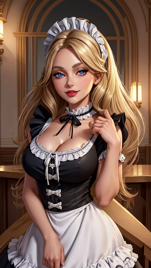 A pretty maid. best quality, masterpiece, gold blond hair, sky blue eyes, wearing a steriotypical French maid outfit, (headdress、white blouse、black ribbon、White Apron、ruffle skirt、puff sleeves、collar、choker、apron with fine ruffles：1.3)、black maid costume). looking up, upper body,hair strand,Fair skin, Large chest,. Adorable, mature Woman,detailed big-eyed woman, round face. promenent red lips. Smileing,In the mansion library, large ass, Picture from the side,looking at the scenes, intense colors, Very valuable details, complex details, volumetric lighting, digital art, 8k, trending on Artstation, Clear focus, complex details, highly detail, Greg Rutkowski Big Eyes, high-resolution, flaxen-gold-hair. Laura Vandervoortr., attractive chest, .Photorealistic. Confidence, self esteem, assertiveness, dominance. wide Amused smile. Sultry expression. , Cleavage. Perky bosum. Laura Vandervoort
