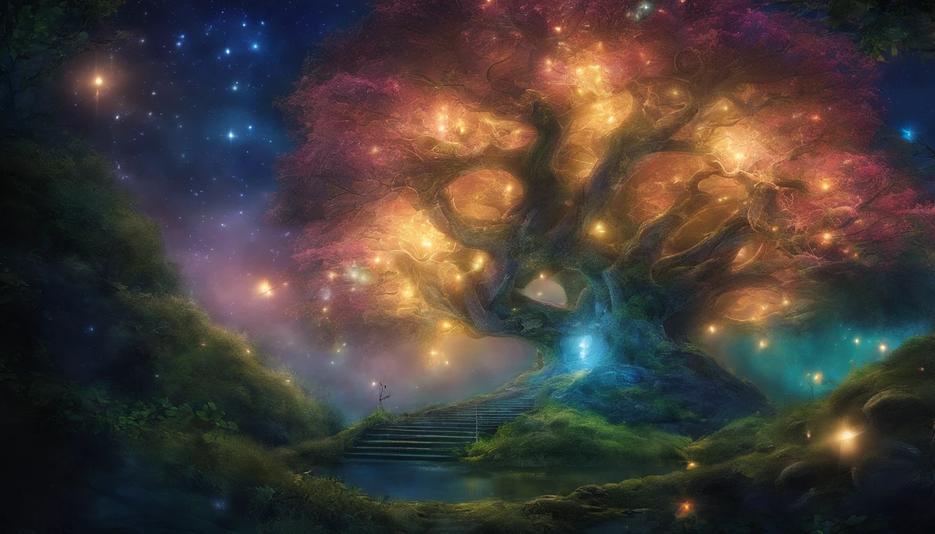 World of Dreams, Looking up at the sky from the fairy forest at midnight, Luminous Tree々, dreamlike landscape, realistic fantasy photography, , astral planes, very magical and dreamy, inspired by Michael Komarck, Magic Tree, Night under the stars, Dreamy night, magical forest with fireflies, magical fairy floating in space