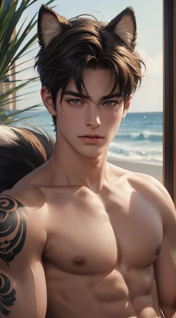 Half body photorealistic 4k, high resolution, best quality, masterpiece, perfect color, perfect shade, perfect lighting, Posted by e621, ((portrait)), ((handsome man)), perfect male figure, Short hair details,Naked torso,Detailed face, perfect face, (stood up), Detailed background, ((Bonifasco Lighting)), (delicate eyes),(animal ears:dog),((big fluffy tail)),tattoo,((seashore)),emaciated