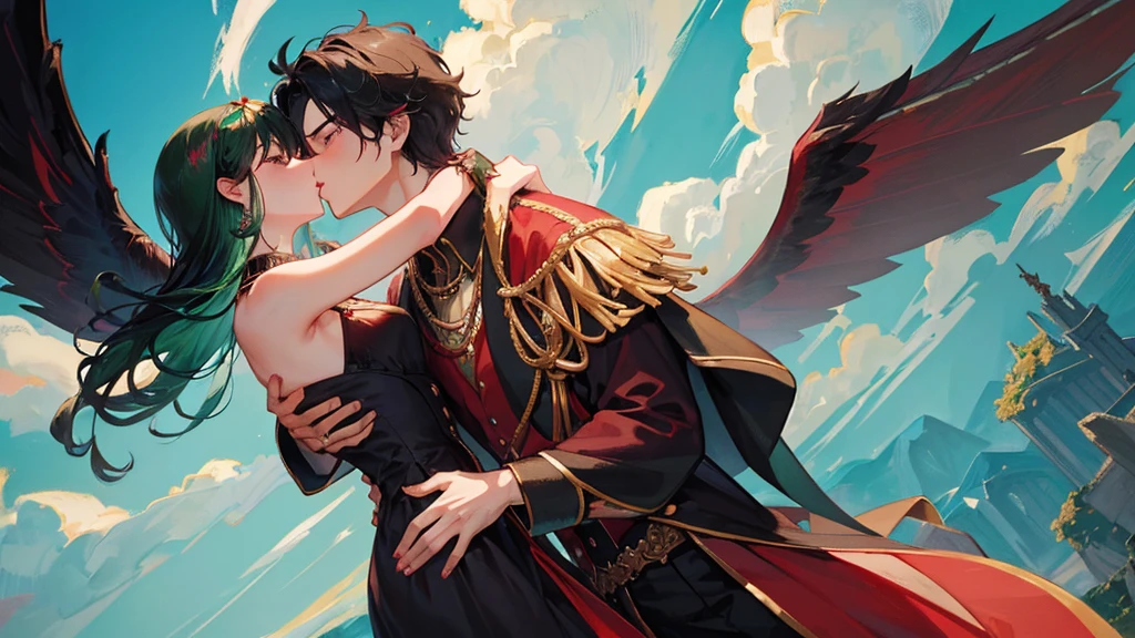 couple, boy with black hair, black and red royal clothes, majestic black wings, and girl with green hair, green royal clothes, fairy wings, kissing pose, sky, 8k resolution