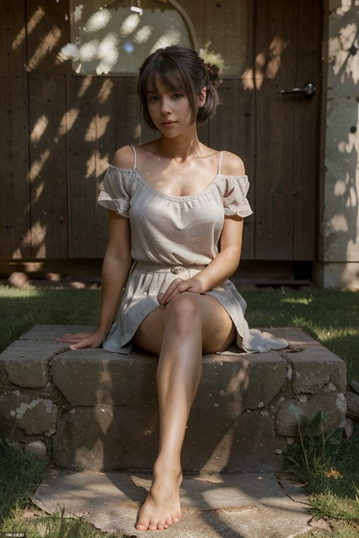 Hyper-realistic full-body shot photo. Eve from the Bible, is under natural shower in outdoor Eden. Eve is a 12yo child-girl Natalie Portman with a straight brown bob haircut. She is holding a snake in her hands. Photo-realistic face and body. Hyper-intricate details in the hair. 8K quality.