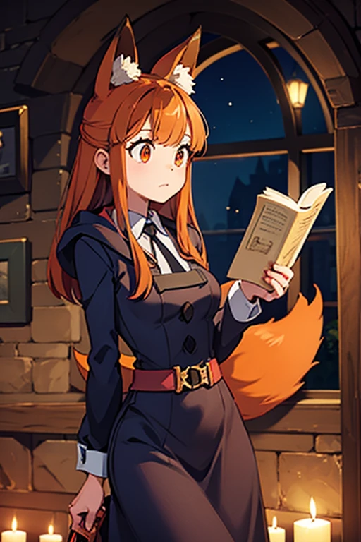 An orange haired female witch with copper eyes and hourglass figure with orange fox ears and an orange fox tail in a conservative lolita witch dress is reading by candlelight