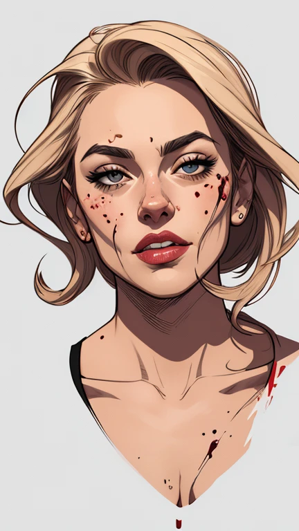 Personagem usando roupas  Burlesque suja de sangue criminoso  Yvonne Strahovski omagem de desenho animado de uma mulher .cartoon style illustration, estilo de arte dos desenhos animados, estilo de arte dos desenhos animados,  dirty with criminal blood Digital illustration style, design de personagens altamente detalhado, arte digital detalhada fofa, City fan art, Design de personagens de retrato, beautiful digital illustration, retrato de alta qualidade, Arte em quadrinhos, mulher jovem.  expression of sexual desire white background stained with criminal blood 