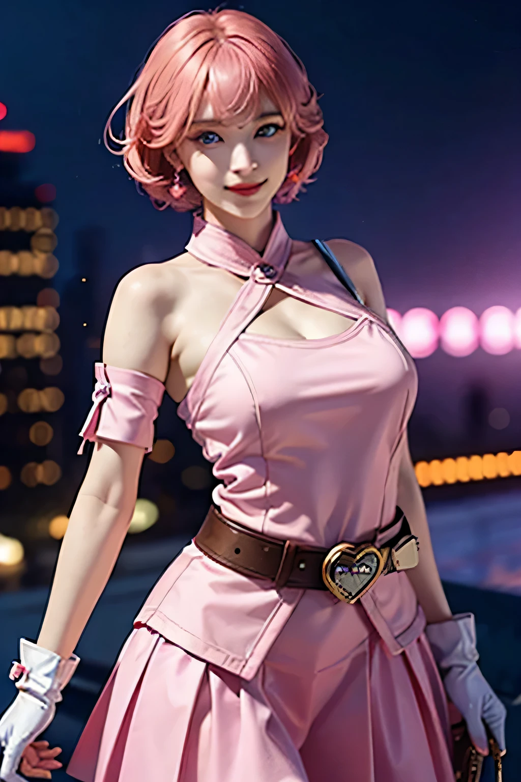 1 girl,cowboy shot, beautiful norah_Valkyrie, looking at the viewer, smile, short hair, blue eyes,heart cutout, gloves, Jacket, pink skirt, pink belt, short sleeve, plump sleeves, single arm band, fingerless gloves, orange hair, pink gloves, dynamic pose, night, outdoors, city, (volume lighting), highest quality, masterpiece, intricate details, tone mapping, sharp focus, very detailed, Trending at Art Station, Big and slender body