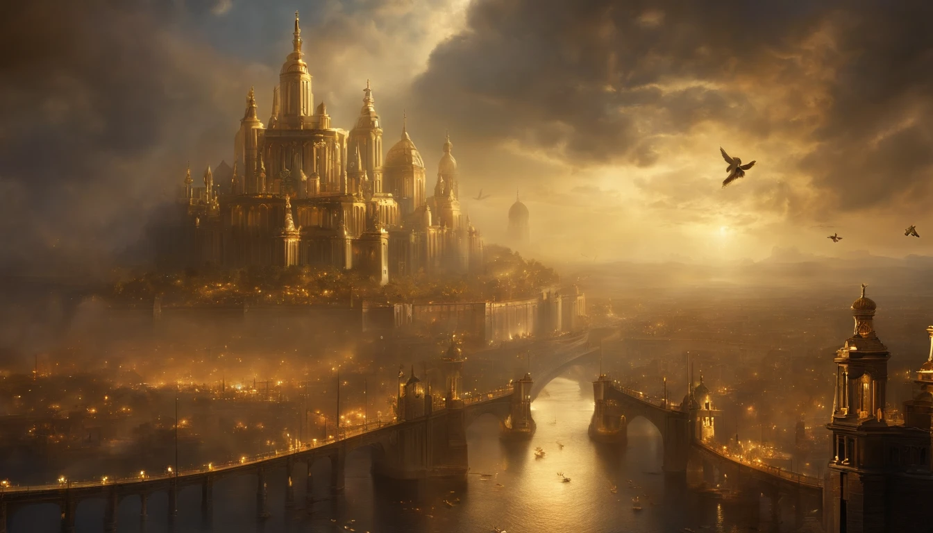 A painting of a city with a castle and angels flying around, Empyrean City.Luxury Bank、golden cityscape, city of utopia, gold gates of heaven!!!!!!!!, Esoteric equation heaven, heaven on earth, breathtaking芸術, breathtaking,, Apocalyptic City, City in the clouds, Elaborate dark paint