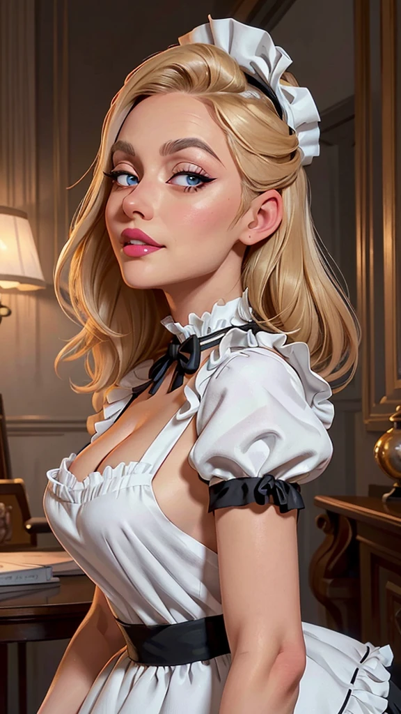 A pretty maid. best quality, masterpiece, gold blond hair, sky blue eyes, wearing a steriotypical French maid outfit, (headdress、white blouse、black ribbon、White Apron、ruffle skirt、puff sleeves、collar、choker、apron with fine ruffles：1.3)、black maid costume). looking up, upper body,hair strand,Fair skin, Large chest,. Adorable, mature Woman,detailed big-eyed woman, round face. promenent red lips. Smileing,In the mansion library, large ass, Picture from the side,looking at the scenes, intense colors, Very valuable details, complex details, volumetric lighting, digital art, 8k, trending on Artstation, Clear focus, complex details, highly detail, Greg Rutkowski Big Eyes, high-resolution, flaxen-gold-hair. Laura Vandervoortr., attractive chest, .Photorealistic. Confidence, self esteem, assertiveness, dominance. wide Amused smile. Sultry expression. , Cleavage. Perky bosum. Laura Vandervoort
