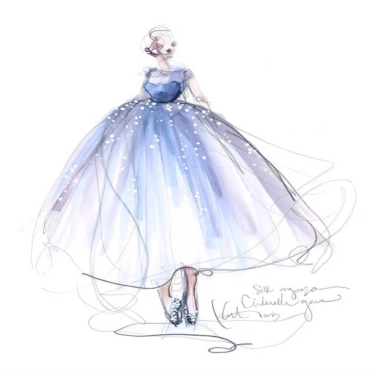 Illustration of a woman wearing a blue dress and white top, disney concept art, author:Olivia Peguero, luxury fashion illustration, fashion illustration, detailed fashion illustration, cinderella, magic dress, inspired by disney, by disney, By Jaime Colson, disney concept artists, by Jamie Jones, by Carla Vizgara, author:Mary Bashkirtsev