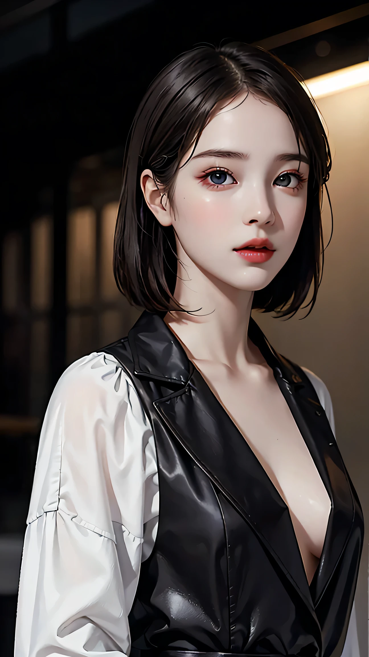Beautiful girl with realistic black eyes, pale skin, medium length black hair, perfect face, perfect eyes, wearing a coat, very detailed, comprehensive movie, digital painting, 8K, cinematic lighting, highest quality, High resolution, great work, Post-processing, perfect result, surreal,(((revealing clothes))),erect nipples