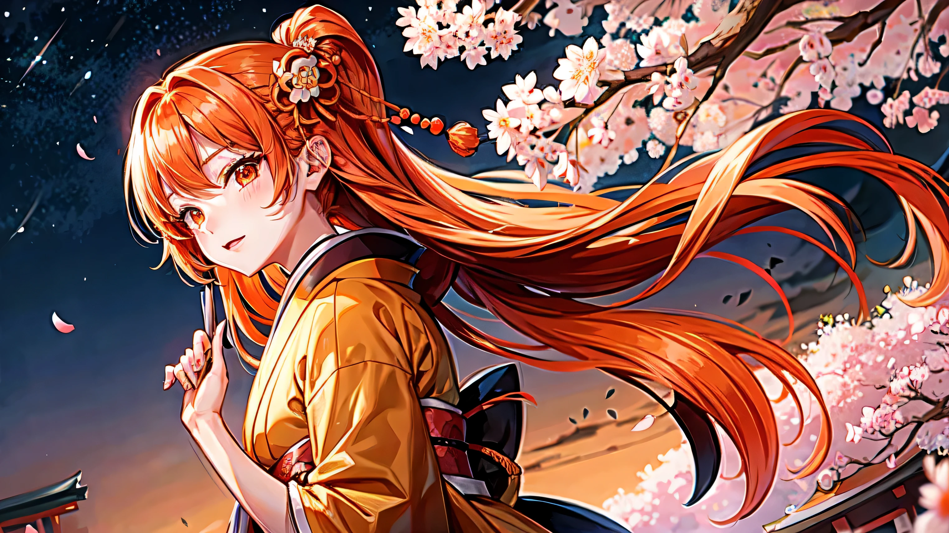 1 girl,orange hair,long hair (sketch:1.2),High definition, (midnight:1.4),(Japanese style:1.4),cherry blossoms,princess