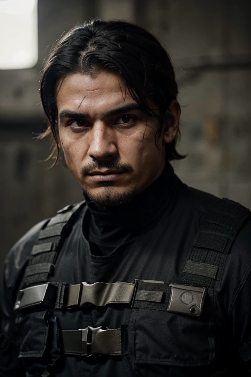 El Bombardero es un hombre de estatura media, with an athletic build and an intense look. His face is marked by the scars of war, y su cabello oscuro suele estar corto y desordenado. He wears black tactical clothing and carries a variety of explosives and military equipment.. His presence emanates a mixture of danger and determination.