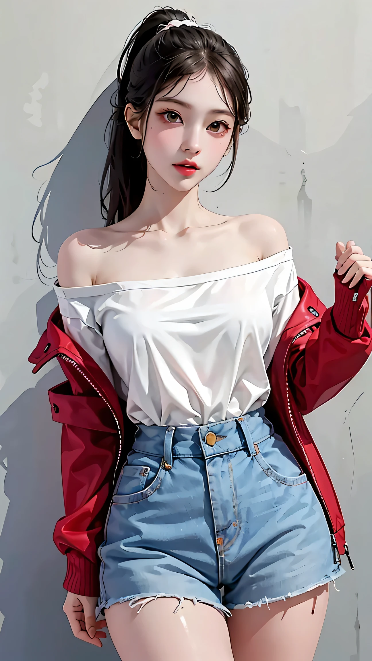 masterpiece, highest quality, 1 girl, naked shirt, shirt tug, shirt, off shoulder, ponytail, Sweaty armpits, A loose, oversized jacket,big breasts，thin waist