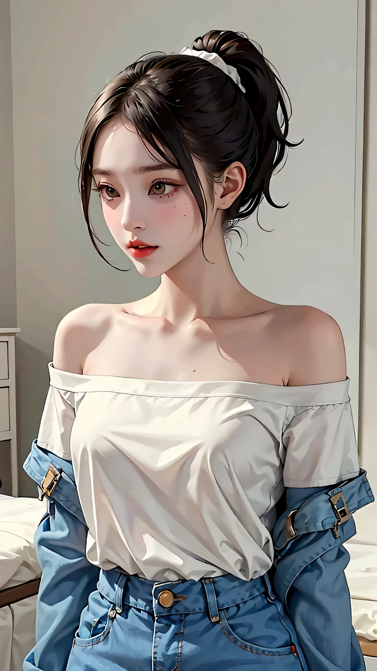 masterpiece, highest quality, 1 girl, naked shirt, shirt tug, shirt, off shoulder, ponytail, Sweaty armpits, A loose, oversized jacket,big breasts,thin waist