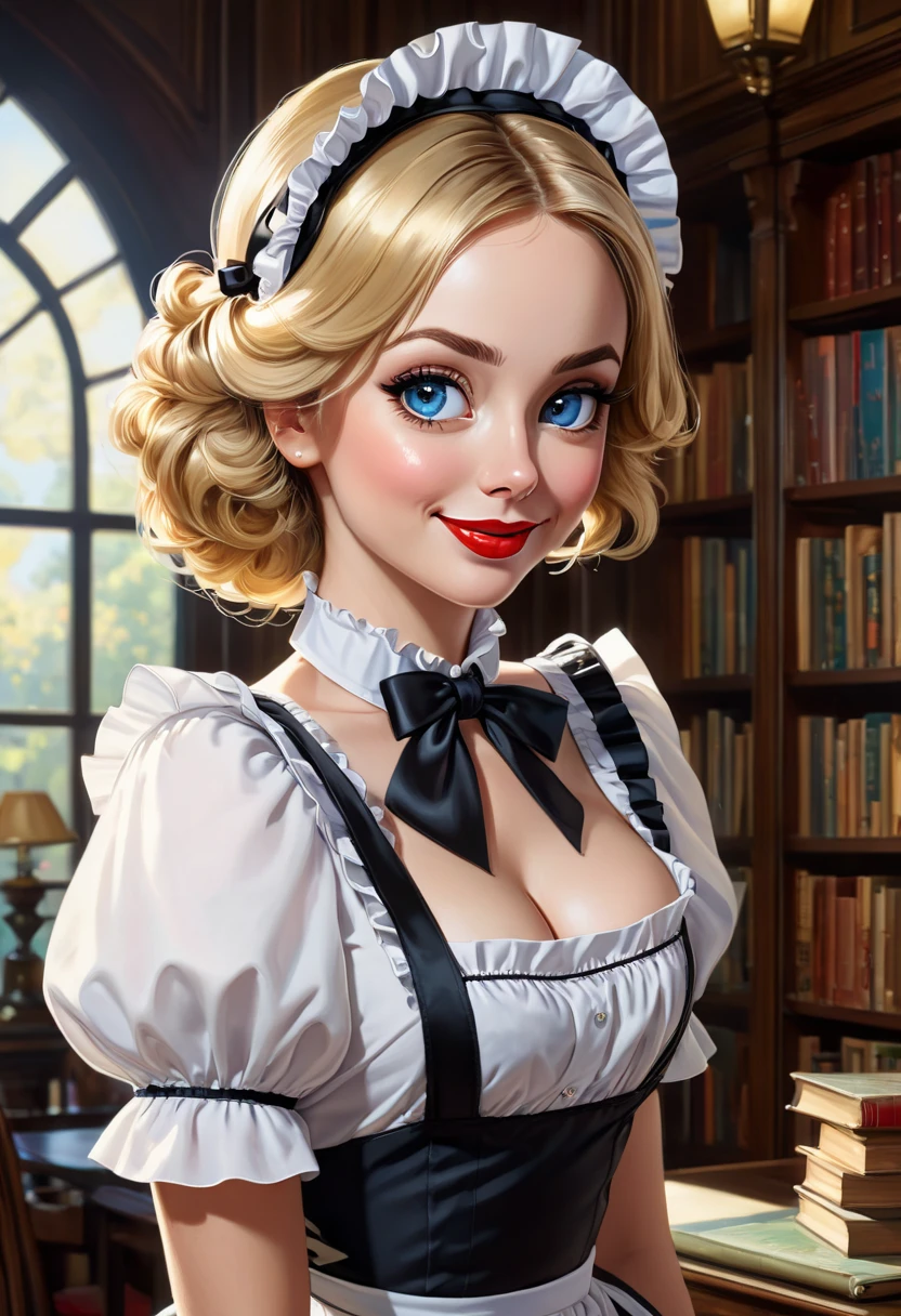 A pretty maid. best quality, masterpiece, gold blond hair, sky blue eyes, wearing a steriotypical French maid outfit, (headdress、white blouse、black ribbon、White Apron、ruffle skirt、puff sleeves、collar、choker、apron with fine ruffles:1.3)、black maid costume). looking up, upper body,hair strand,Fair skin, Large chest,. Adorable, mature Woman,detailed big-eyed woman, round face. promenent red lips. Smileing,In the mansion library, large ass, Picture from the side,looking at the scenes, intense colors, Very valuable details, complex details, volumetric lighting, digital art, 8k, trending on Artstation, Clear focus, complex details, highly detail, Greg Rutkowski Big Eyes, high-resolution, flaxen-gold-hair. Laura Vandervoortr., attractive chest, .Photorealistic. Confidence, self esteem, assertiveness, dominance. wide Amused smile. Sultry expression. , Cleavage. Perky bosum. Laura Vandervoort
